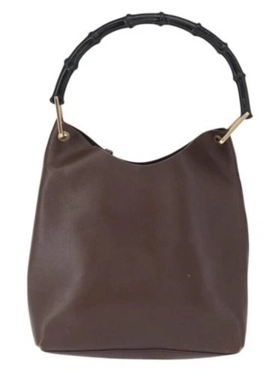GUCCI Bamboo Shoulder Bag Leather Brown Gold 001 1553 1880  GUCCI Bamboo Shoulder Bag Leather Dark Brown Gold 001 1553 1880 Auth 163296